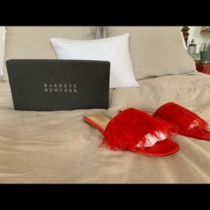 Barneys New York Feather Satin Slide Sandals